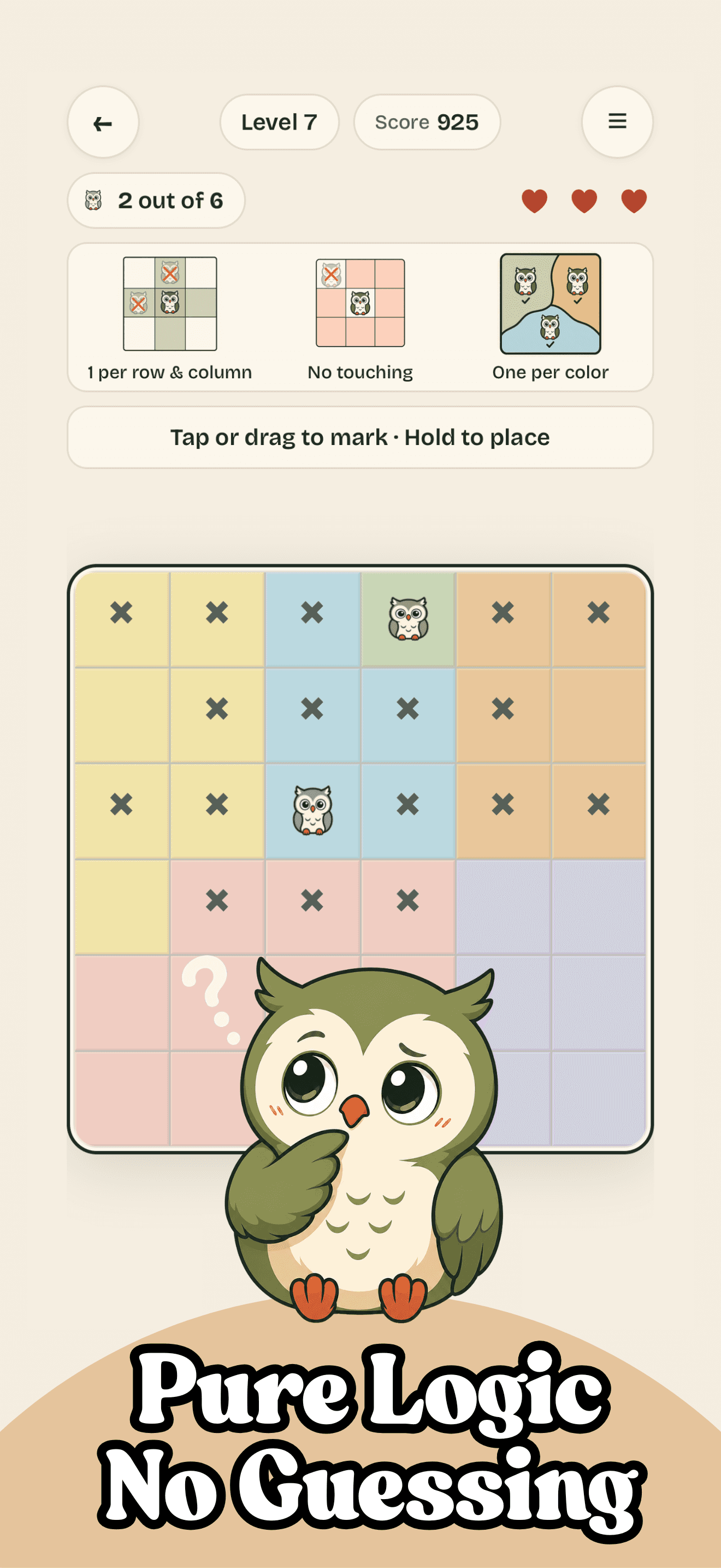 Hoot Grid app preview showing puzzle rules and a Pure Logic No Guessing message.