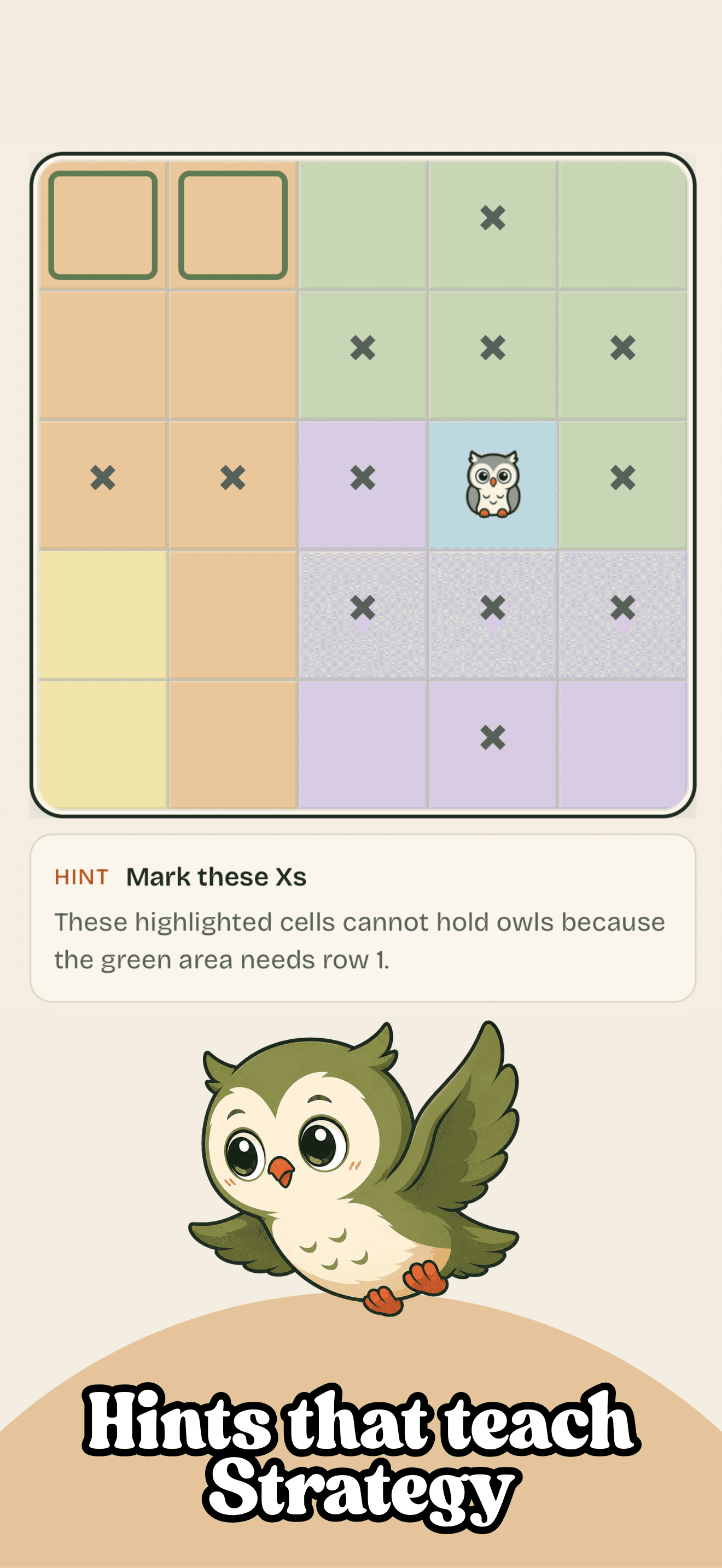 Hoot Grid App Store preview showing a teaching hint for marking cells and the headline Hints that teach Strategy.