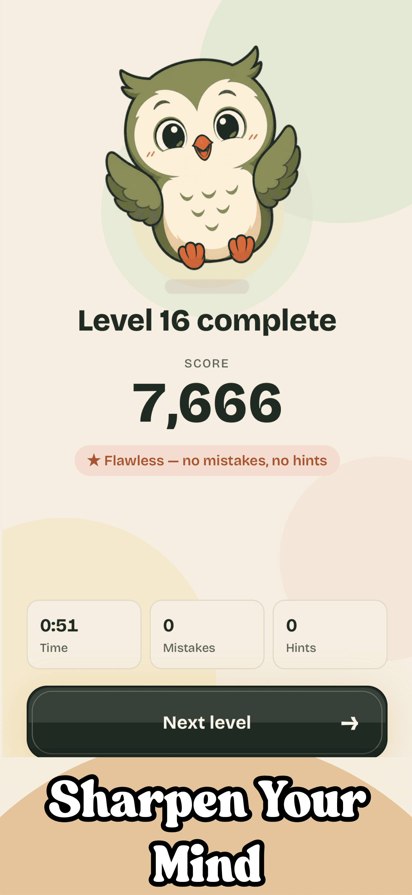 Hoot Grid App Store preview showing a completed level score screen and the headline Sharpen Your Mind.