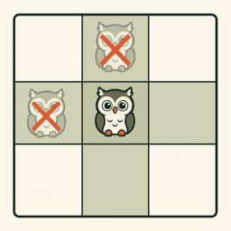 A Hoot Grid board showing one valid owl in a highlighted row and column, with duplicate owls crossed out.
